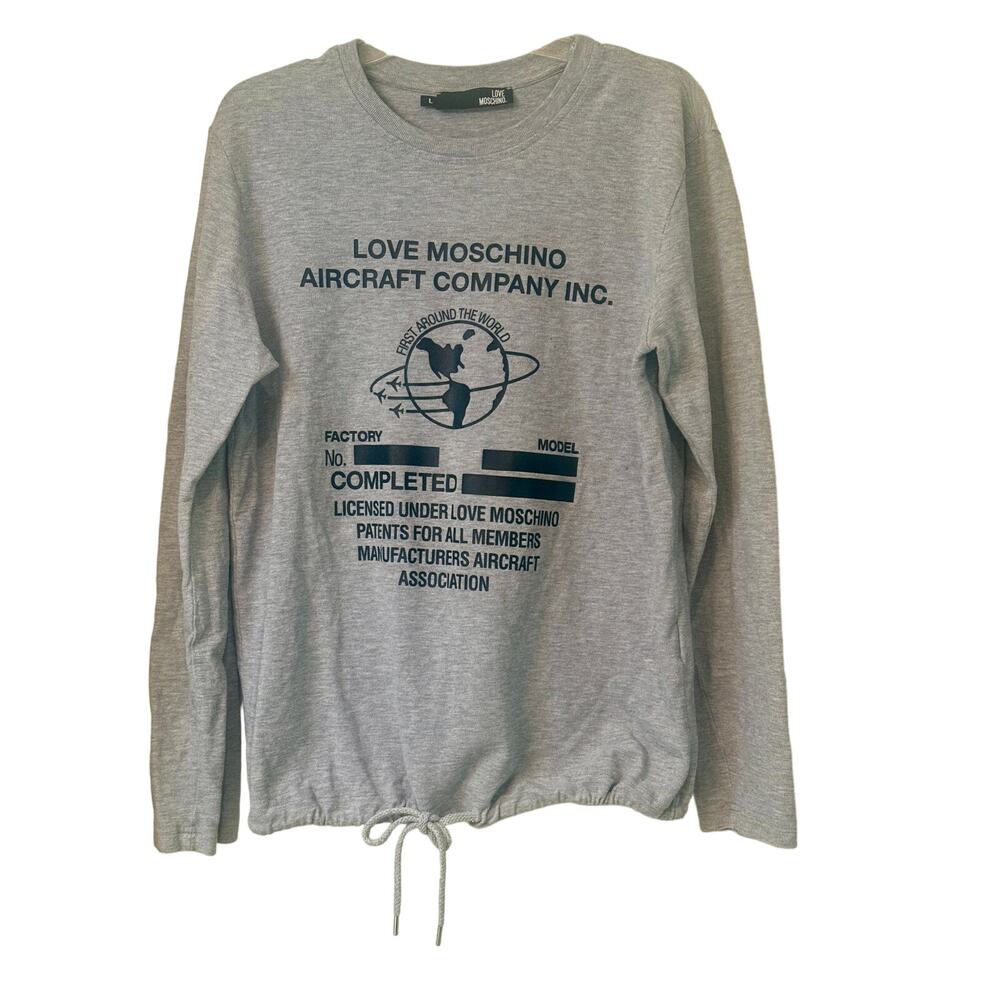 Love Moschino Aircraft Print Shirt Mens L Gray Long Sleeve Sweatshirt Pullover - Picture 2 of 12